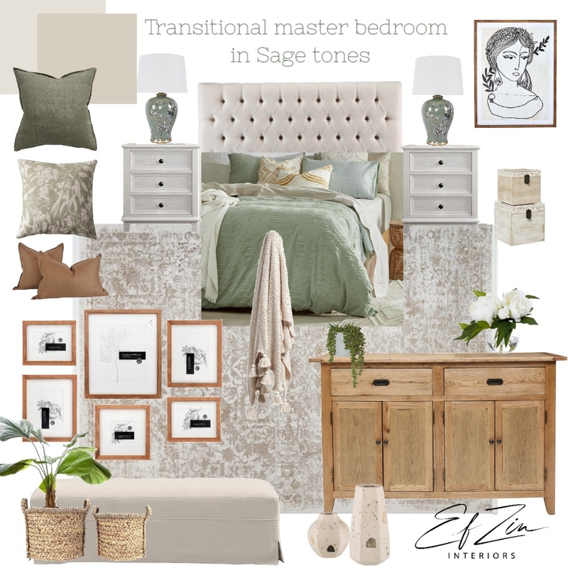 Transitional Master Bedroom in Sage tones Mood Board by EF ZIN Interiors on Style Sourcebook