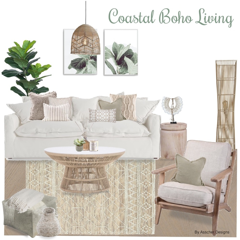 Coastal Boho Living Mood Board by Asscher Designs on Style Sourcebook