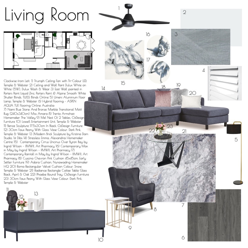 Living Room Sample Board Mood Board by hirraazher on Style Sourcebook