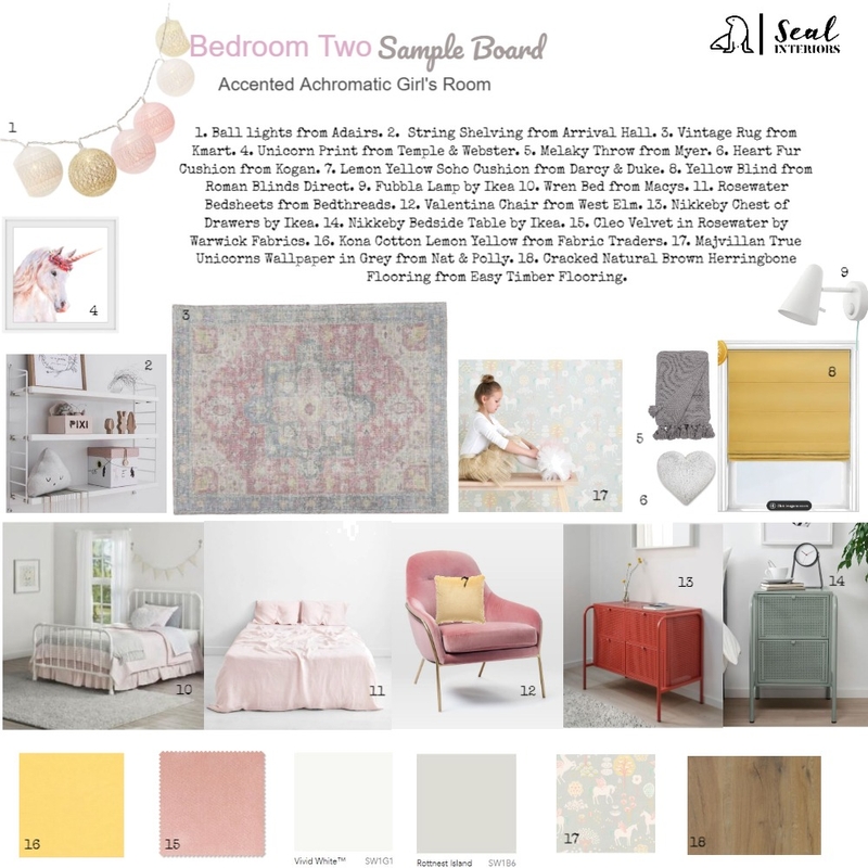 Accented Achromatic Little Girl's Bedroom Mood Board by Seal Interiors on Style Sourcebook
