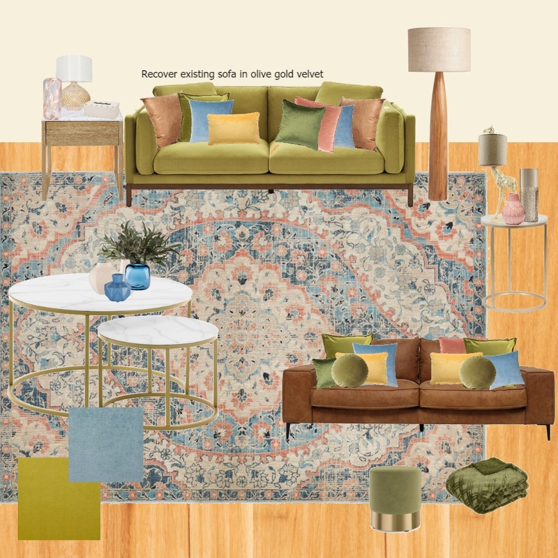 olive Velvet lounge - blue orange rug fabrics Mood Board by randomly_chaotic on Style Sourcebook