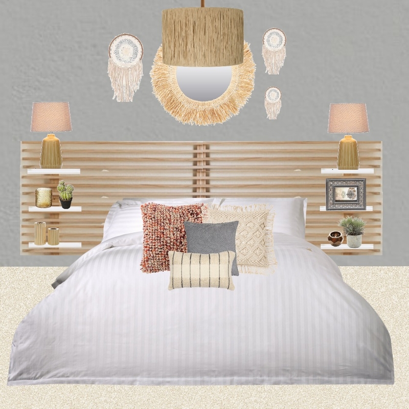 Julie Herbain bed 2 grey wall dream catchers + mirror, ochre lamps and pendant Mood Board by Laurenboyes on Style Sourcebook