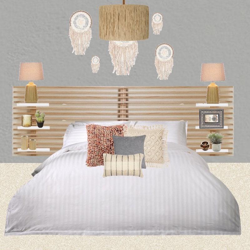 Julie Herbain bed 2 grey wall with dream catchers, ochre lamps and pendant Mood Board by Laurenboyes on Style Sourcebook