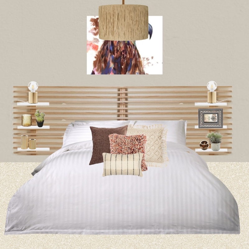 Julie Herbain bed 2 greige wall with eagle picture, filament lamps and pendant Mood Board by Laurenboyes on Style Sourcebook