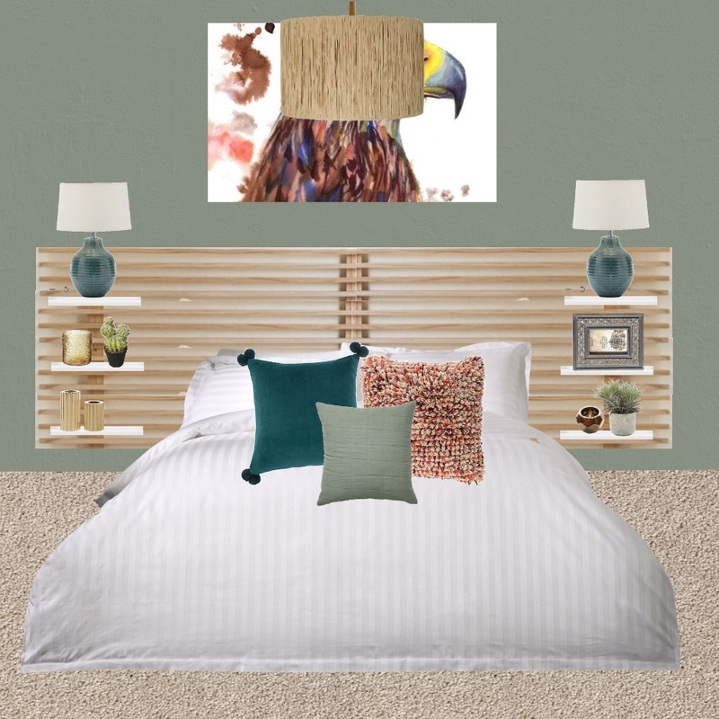 Julie Herbain bed 2 eagle and B&Q green lamps, updated cushions and pendant Mood Board by Laurenboyes on Style Sourcebook