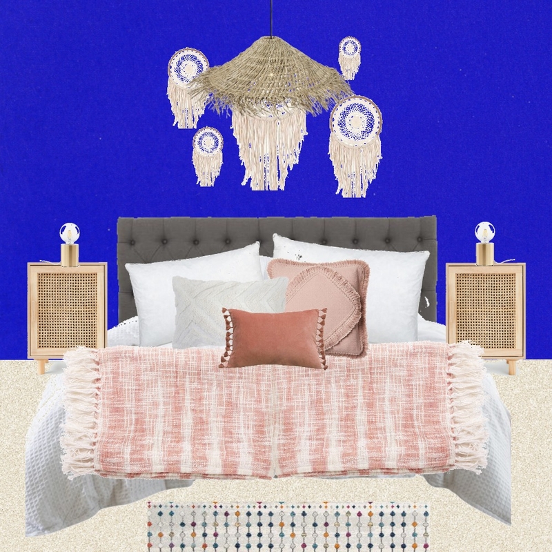 Julie Herbain bed 1 with filament lamps and dream catchers and hat lampshade, minus blue cushion Mood Board by Laurenboyes on Style Sourcebook