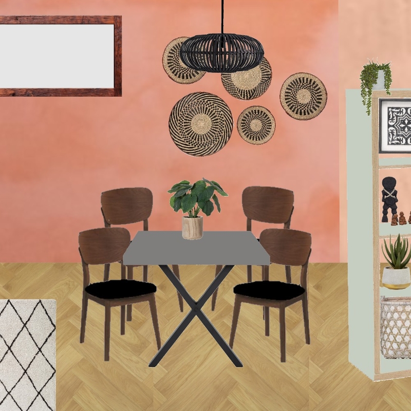 Julie Herbain dining room gerbera wall with baskets, black pendant, cross table legs, black chair pads and Coat detox green Kallax Mood Board by Laurenboyes on Style Sourcebook