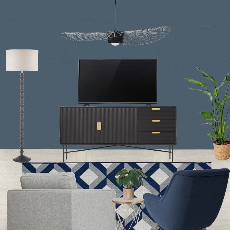 Saira - TV wall view with grey snuggle and navy armchair + blue paint + vertigo lighting - forward facing Mood Board by Laurenboyes on Style Sourcebook