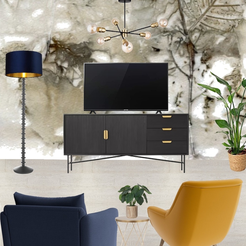 Saira - TV wall view with navy snuggle and mustard armchair + birch leaves wallpaper - forward facing Mood Board by Laurenboyes on Style Sourcebook