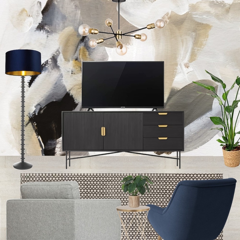 Saira - TV wall view with grey snuggle and navy armchair + wall art mural - forward facing Mood Board by Laurenboyes on Style Sourcebook