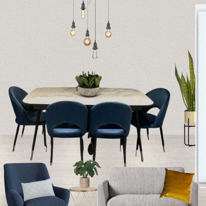 Saira - Dining view with grey paint, grey snuggle and navy armchair + Ore ceramic table + chairs and 5 wire pendant Mood Board by Laurenboyes on Style Sourcebook