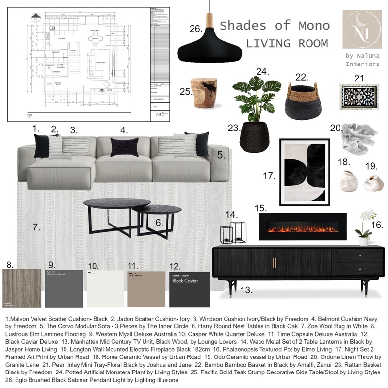 Living Room - Shades Of Mono - Sample Board Mood Board by Natalie on Style Sourcebook