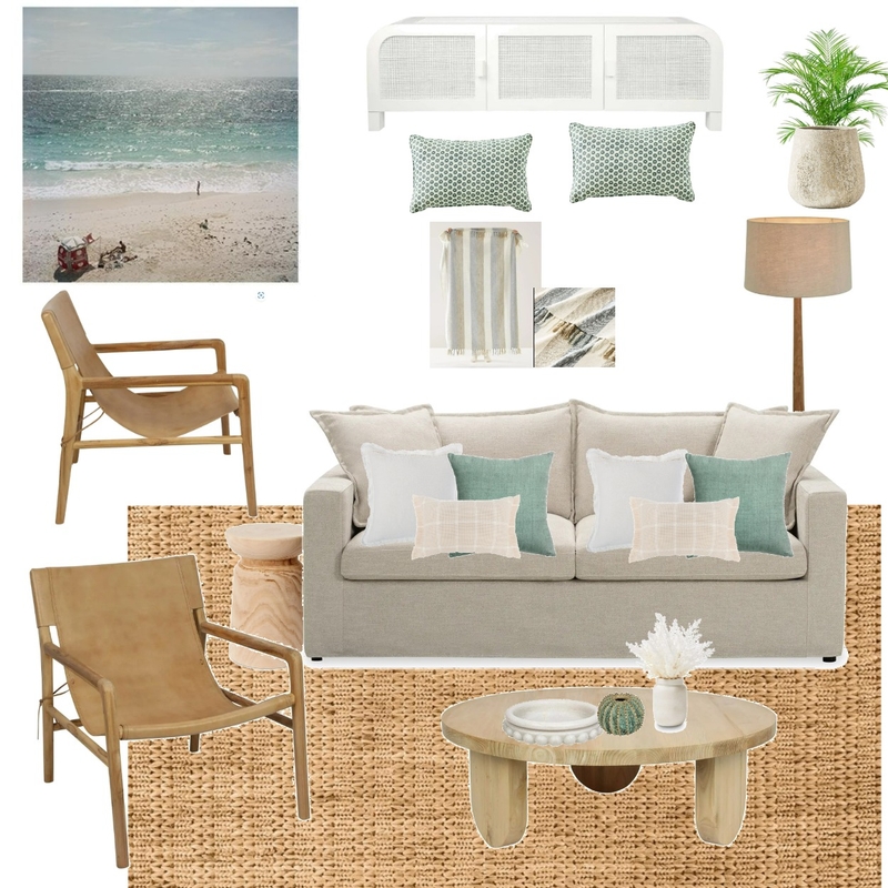 Sand Beige 3 seat Sofa Bed  & Leather armchairs- Andros Island print Mood Board by LaraMcc on Style Sourcebook