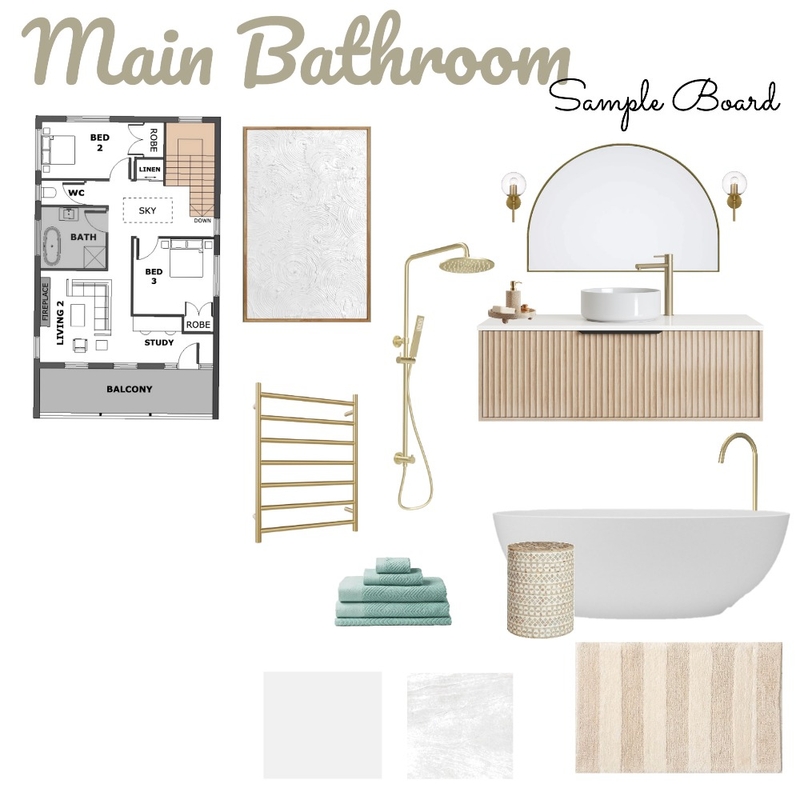 Main Bathroom Sample Board - Mod 9 Assignment Mood Board by Louise Kempson on Style Sourcebook
