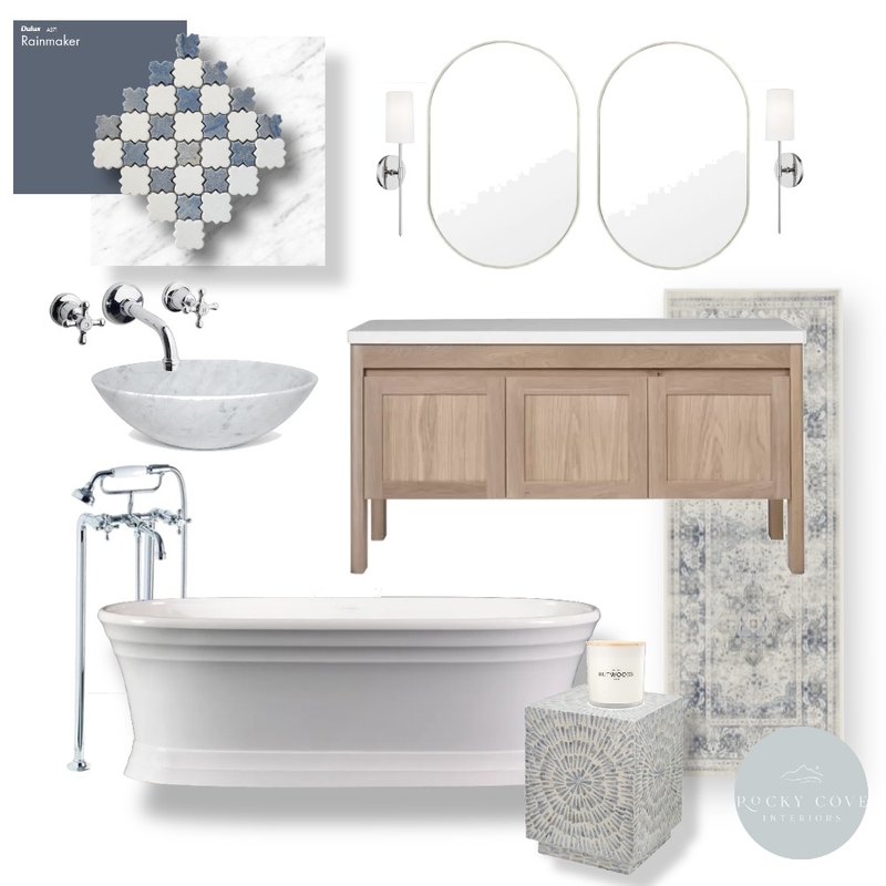 White and blue calming bathroom Mood Board by Rockycove Interiors on Style Sourcebook