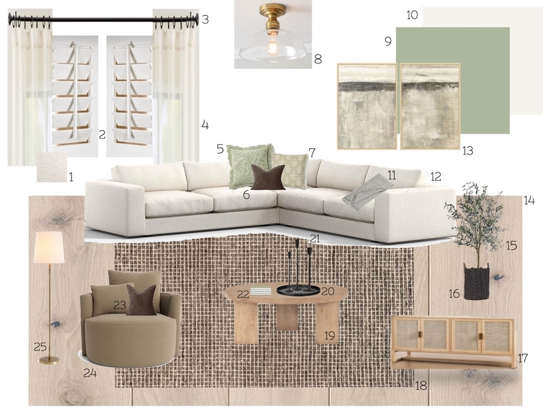 LIVING ROOM Sample Board Assignment 9 monochromatic greens Mood Board by AlexaWhitehurst on Style Sourcebook