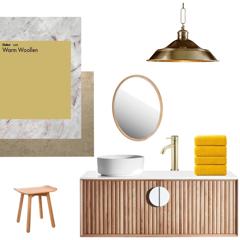 Bathroom with wood, marmer and yellow Mood Board by Bianca -Studio Property on Style Sourcebook