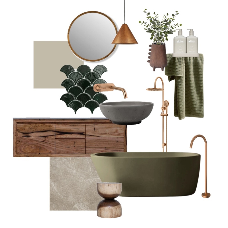 Moody Green, Dark Timber & Copper Bathroom Moodboard Mood Board by Her Decorating Business on Style Sourcebook