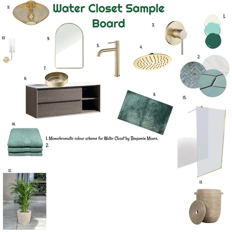 Green Monochromatic Sample Board for Water Closet 11-12-24 Mood Board by JudyK on Style Sourcebook