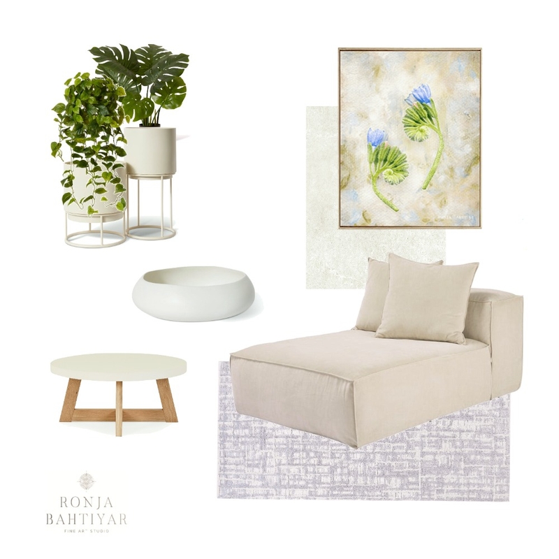 The Harmony of Beige and Blue: Creamy Soft Elegance Meets Floral Art in Beige and Blue in A Welcoming Living Space Mood Board by Ronja Bahtiyar Art on Style Sourcebook