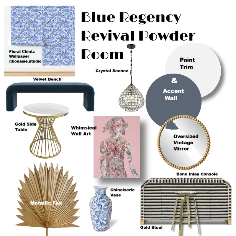 Blue Regency Rival Powder Room Mood Board by Bonaise Surface Designer (Textiles, Wallpaper + More) on Style Sourcebook