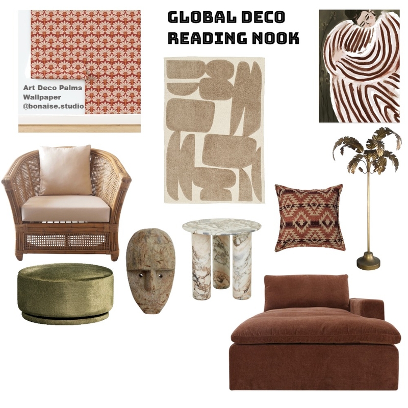 Global Deco Reading Nook Mood Board by Bonaise Surface Designer (Textiles, Wallpaper + More) on Style Sourcebook