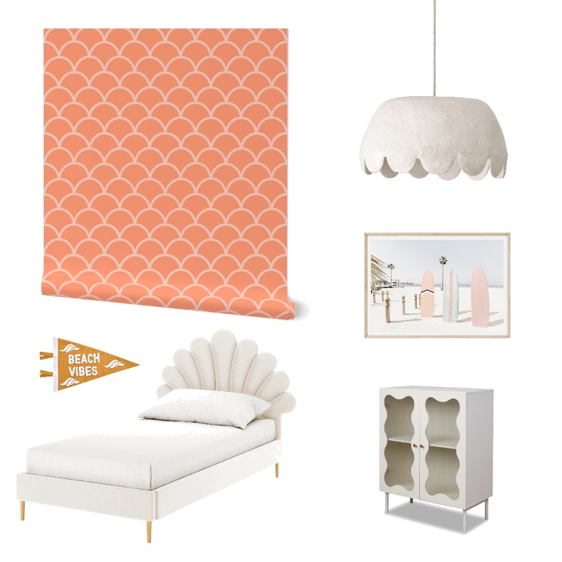 Tangerine Pink Preppy Coastal Scallops Wallpaper for Girl’s Room Decor Mood Board by ashclarkart on Style Sourcebook