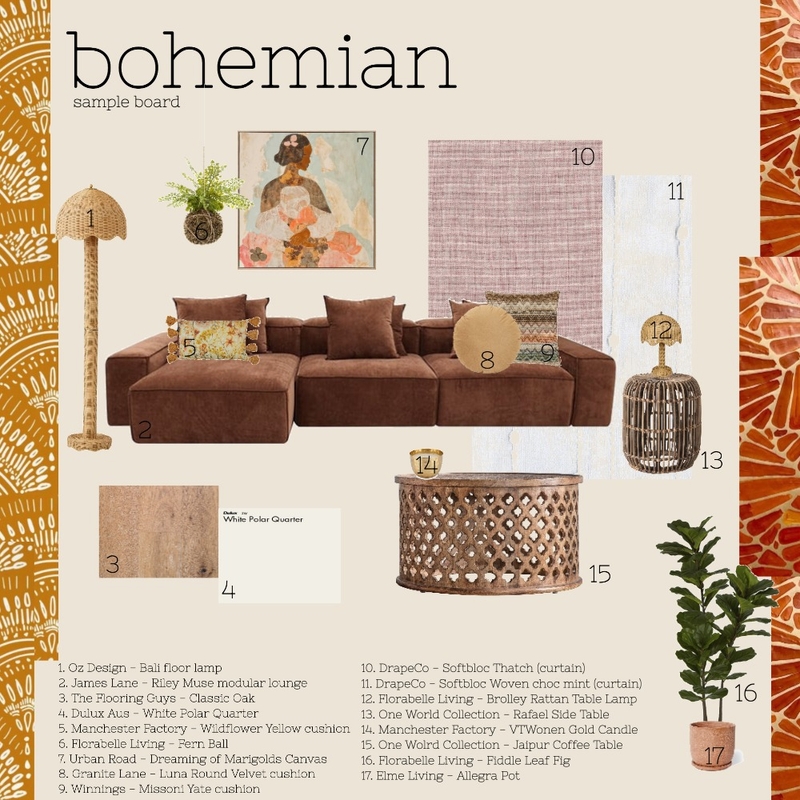 Bohemian Sample Board Mood Board by rachelengen@outlook.com on Style Sourcebook