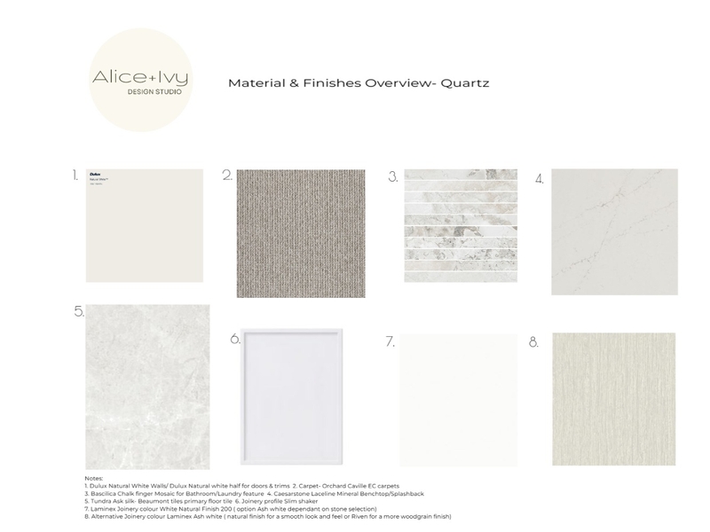 Materials & Finishes overview- Quartz Mood Board by Alice + Ivy Design Studio on Style Sourcebook