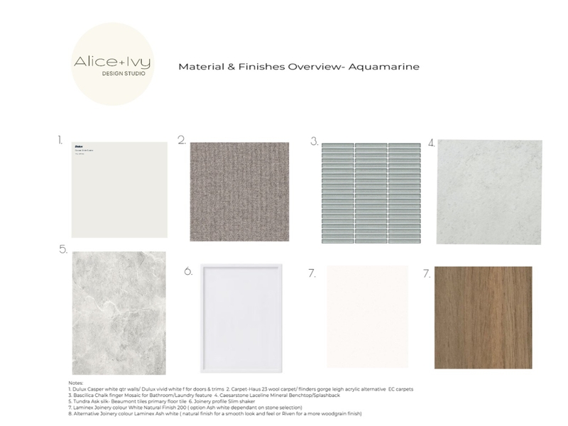 Materials & Finishes overview- Aquamarine Mood Board by Alice + Ivy Design Studio on Style Sourcebook