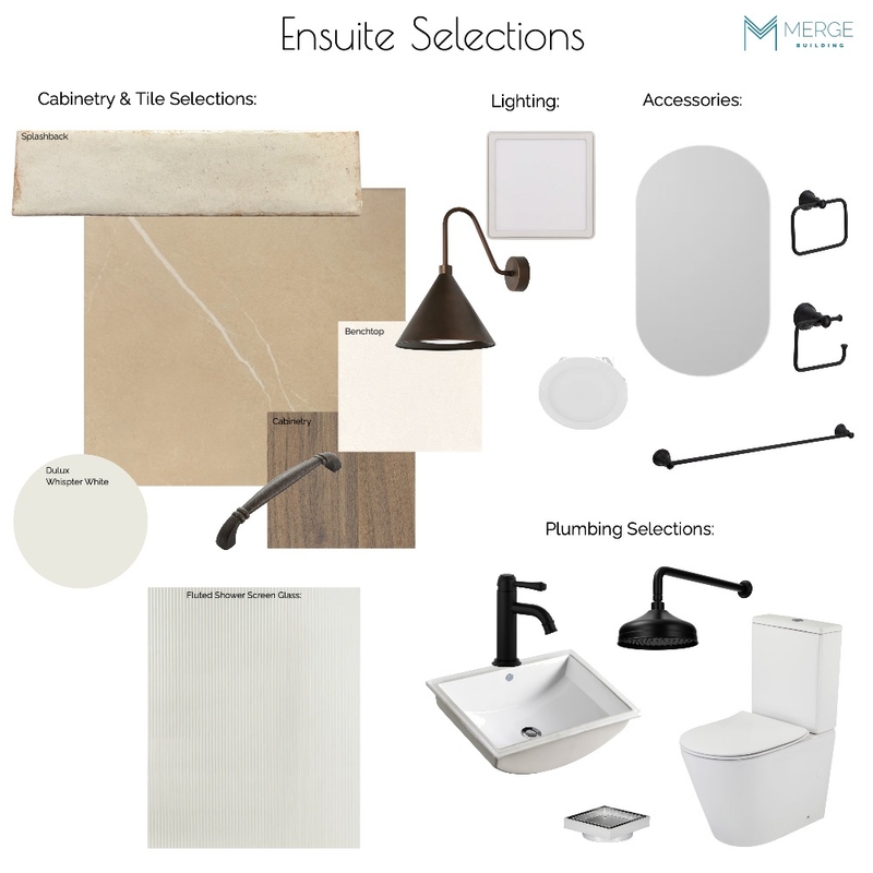 FRENCH - Ensuite Selections with Lighting Mood Board by MERGE BUILDING -Tracy Johnston Interior Designer on Style Sourcebook