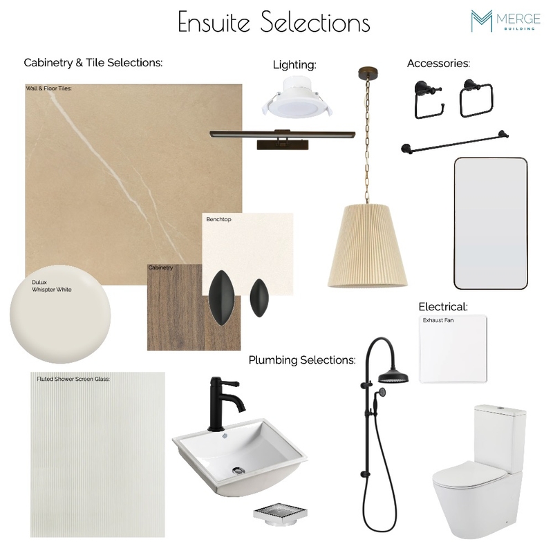 FRENCH - Ensuite Selections with Lighting Mood Board by MERGE BUILDING -Tracy Johnston Interior Designer on Style Sourcebook