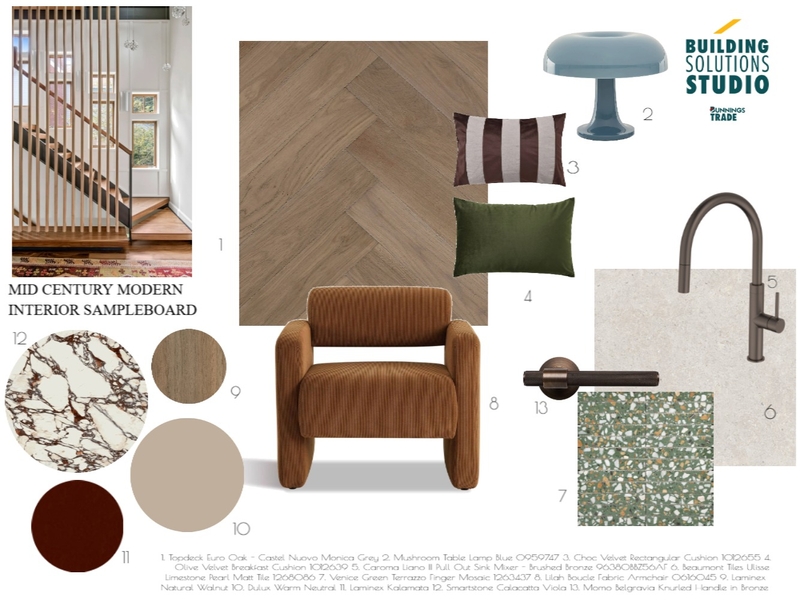 MID CENTURY MODERN - INTERIOR SAMPLE BOARD Mood Board by bsschwh@bunnings.com.au on Style Sourcebook