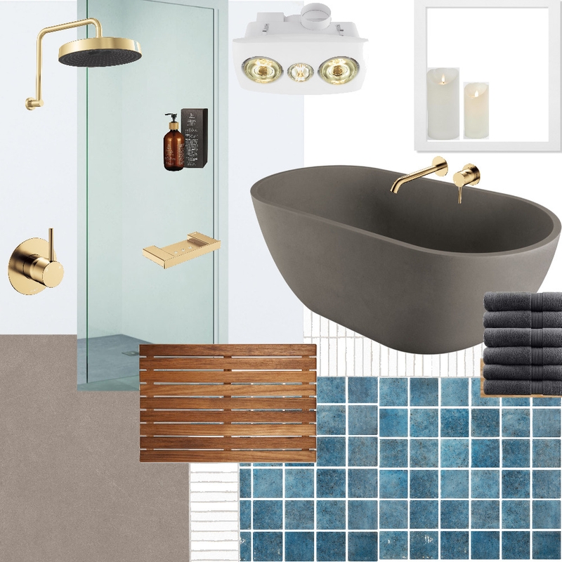 Grey and blue brass bathroom Interior Design Mood Board by allofuswithwings