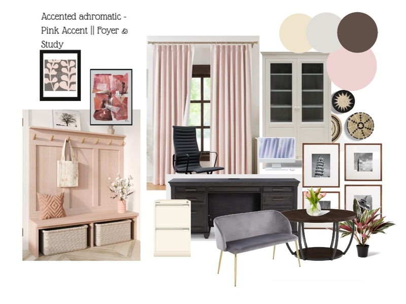 Color Harmony: Accented Achromatic - Pink Accent || Foyer and Study Interior Design Mood Board by Ann Clariz Yap-Arcilla